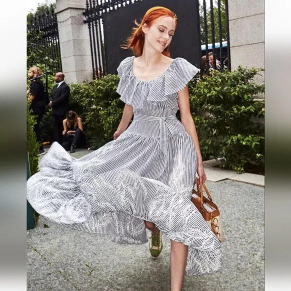 Tory Burch Eyelet Embroidered Stripe Flounce Ruffle Hem Midi Dress Gray Blue 8 - Picture 11 of 13